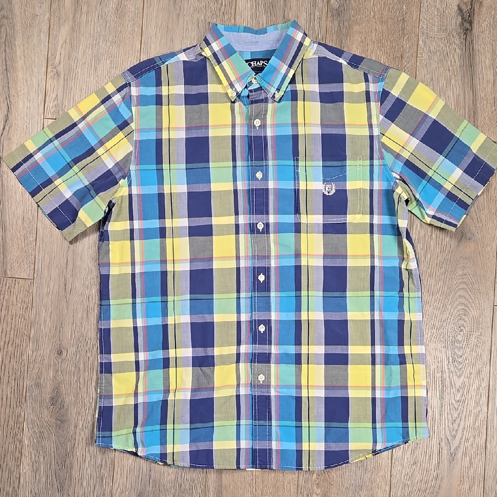 Chaps Yellow Blue Plaid Short Sleeve Button Shirt Preppy Casual Normcore, Sz L